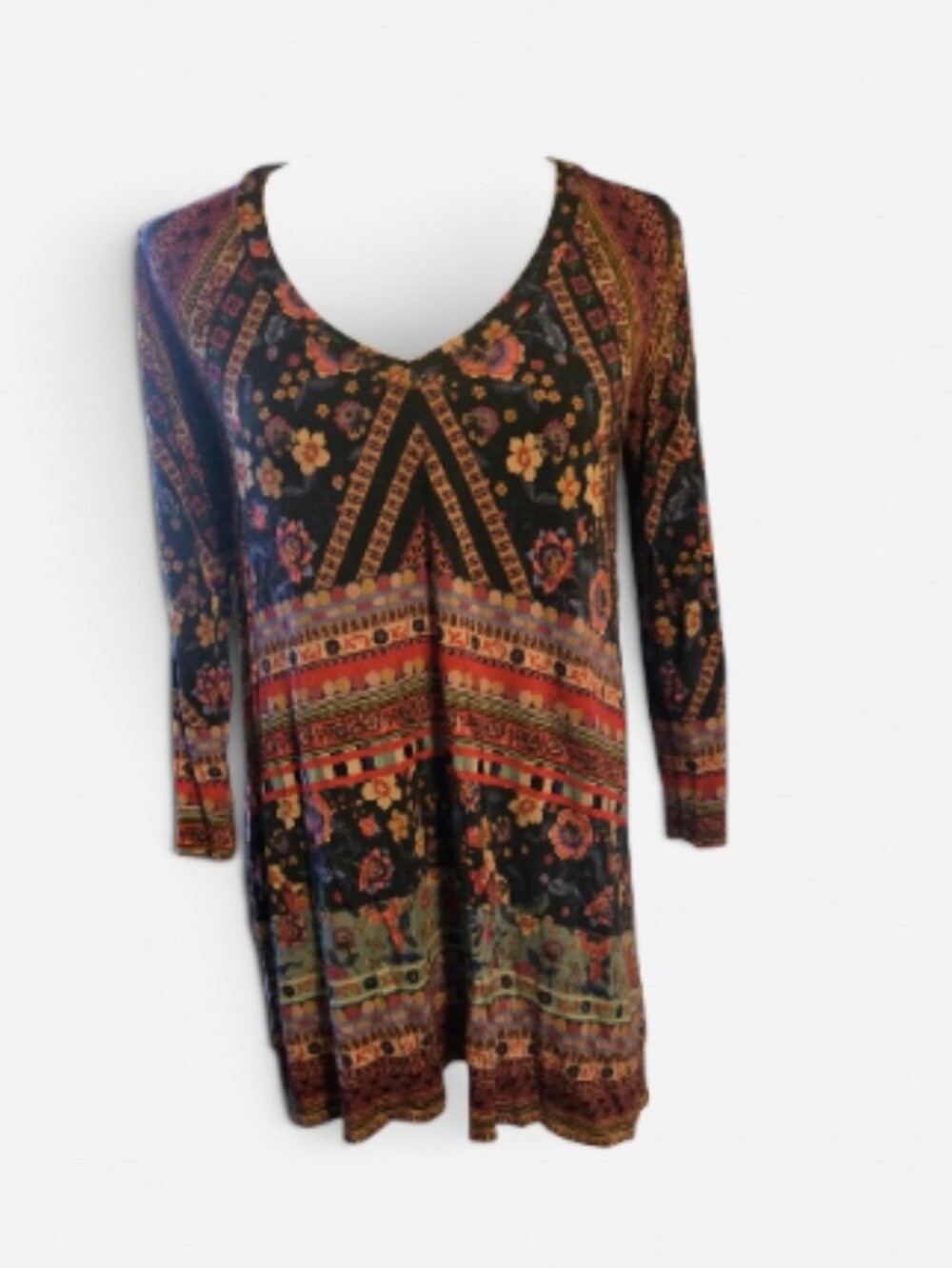 Johnny Was Black V-Neck Long Sleeve Tunic Dress with Multicolor Floral Print